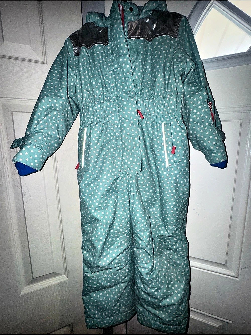 Mini Boden Waterproof Hooded Ski Suit Star Print Green & Blue Baby 4-5Y